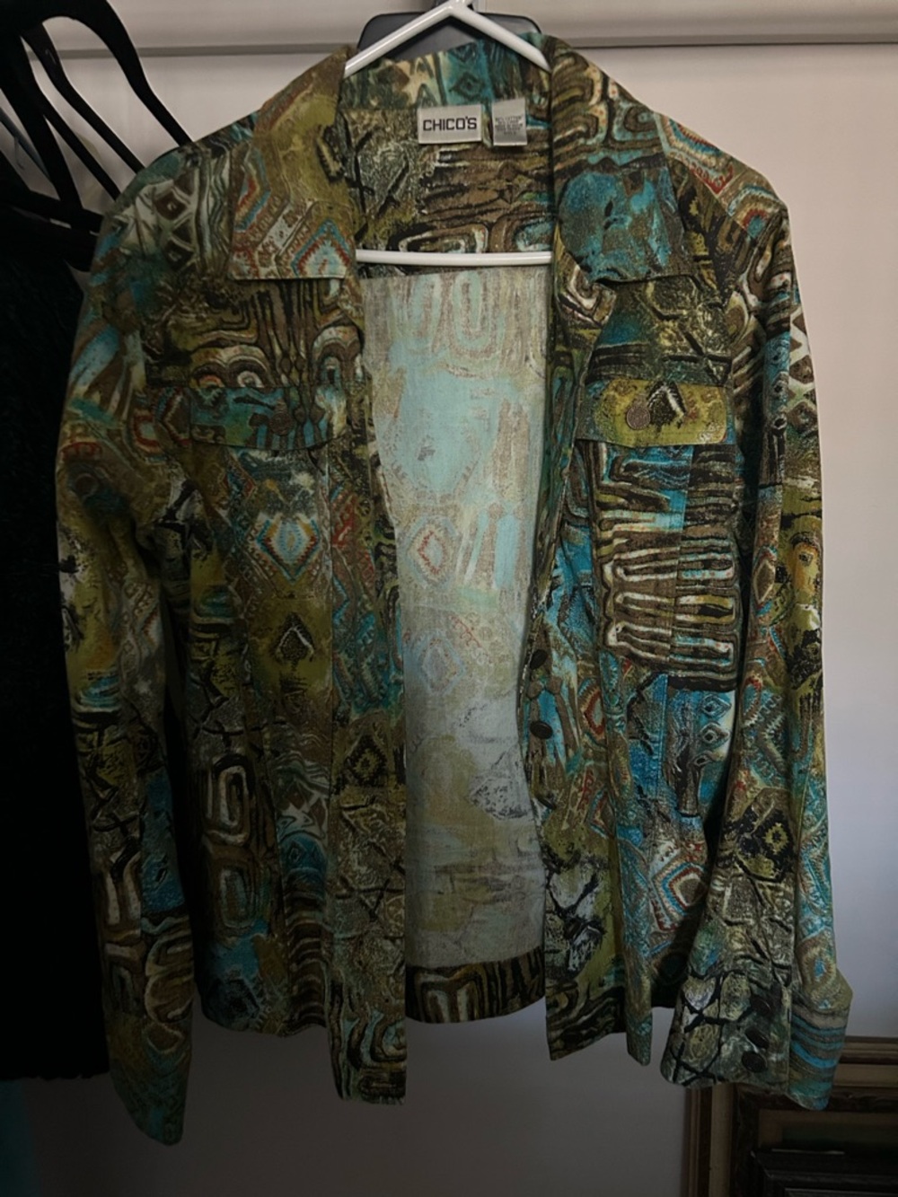 Chico's size 3 Multicolor Abstract Print Jacket in Turquoise & Olive